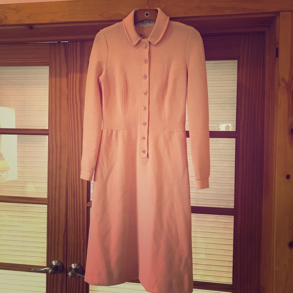 Barbie Vintage Dress -1950's pink wool knit long sleeve dress. SM.